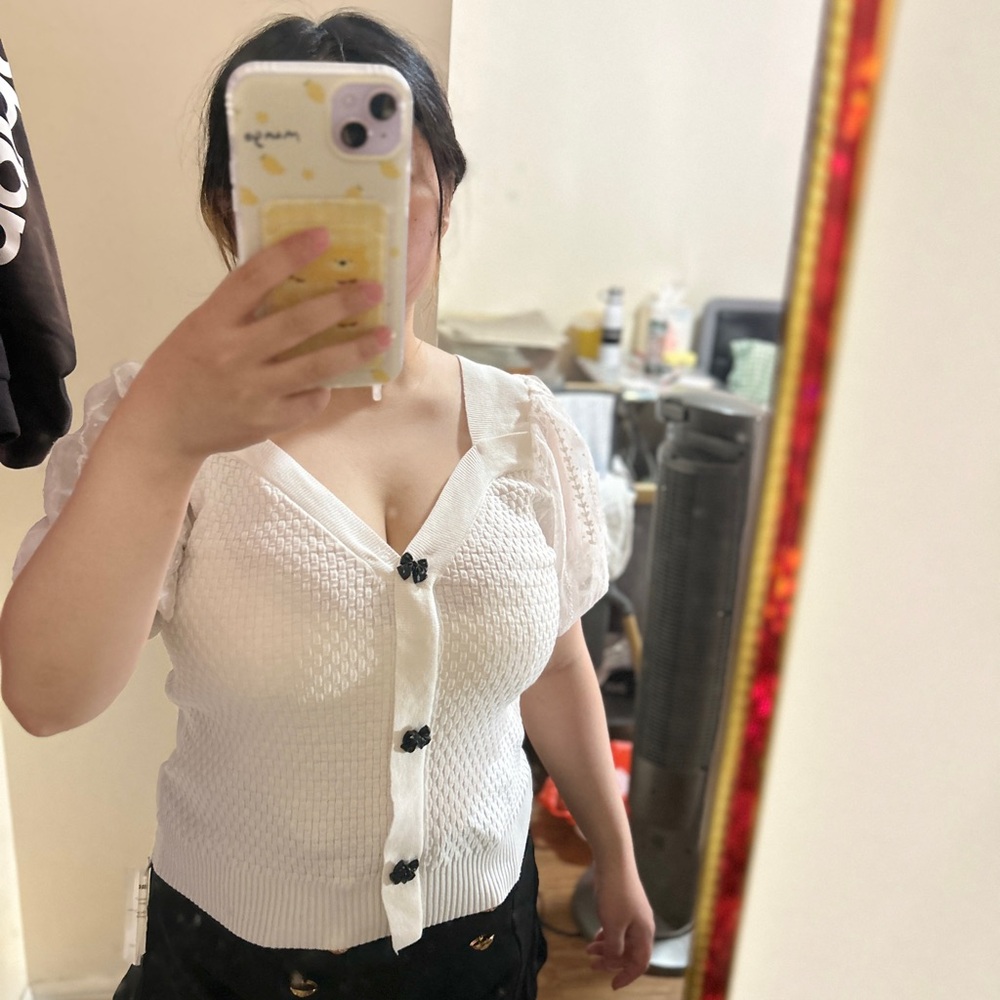 White V-Neck Cap Sleeve Buttoned Blouse